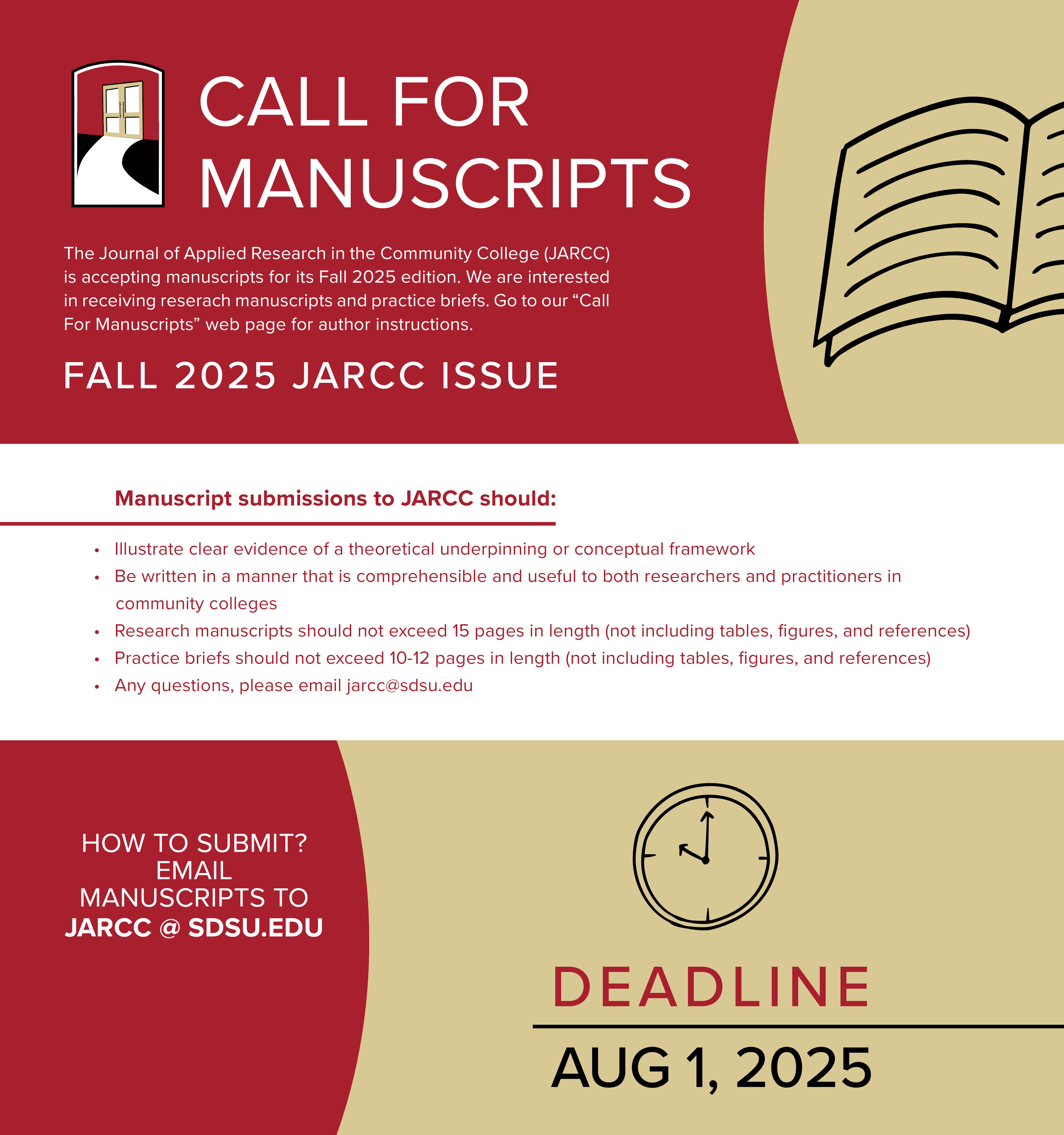 The Journal of applied research in the community college (JARCC) is accepting manuscripts for its Fall 2025 edition.